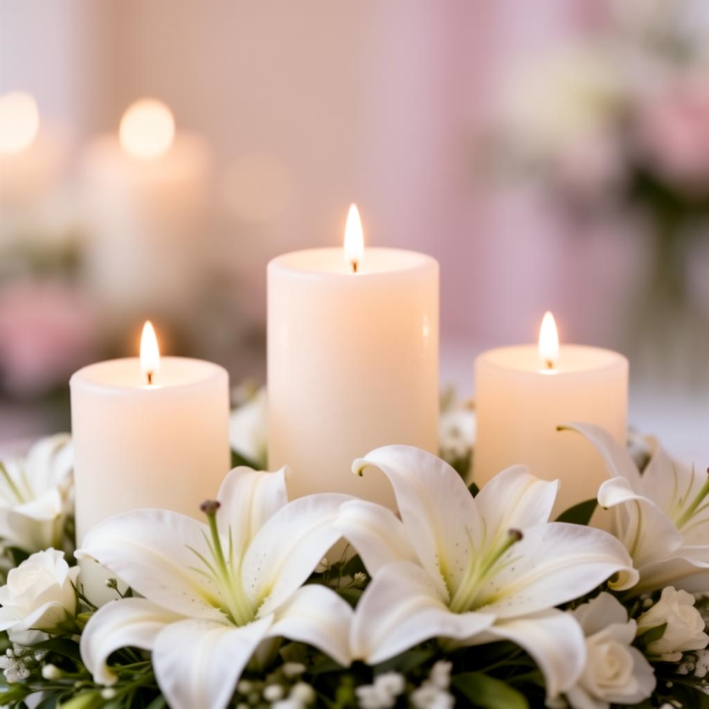 Peaceful arrangement of soft white candles and lilies